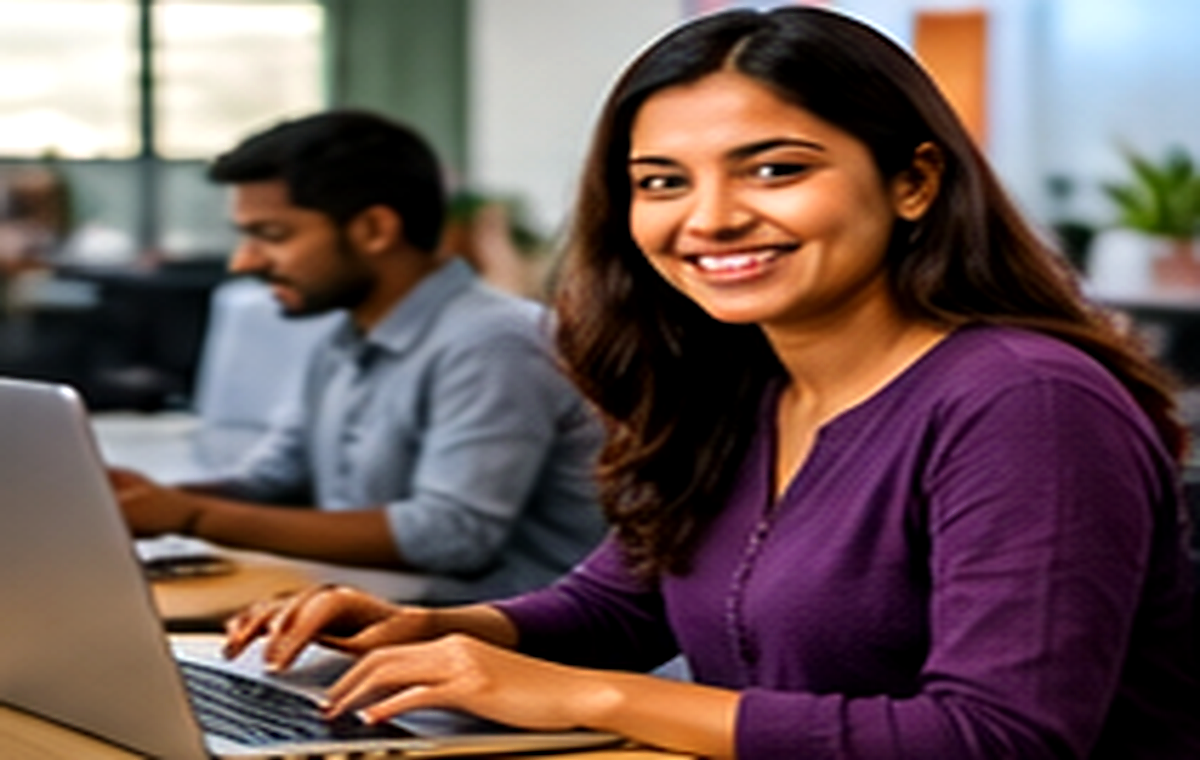 Students learning digital skills in a modern training classroom